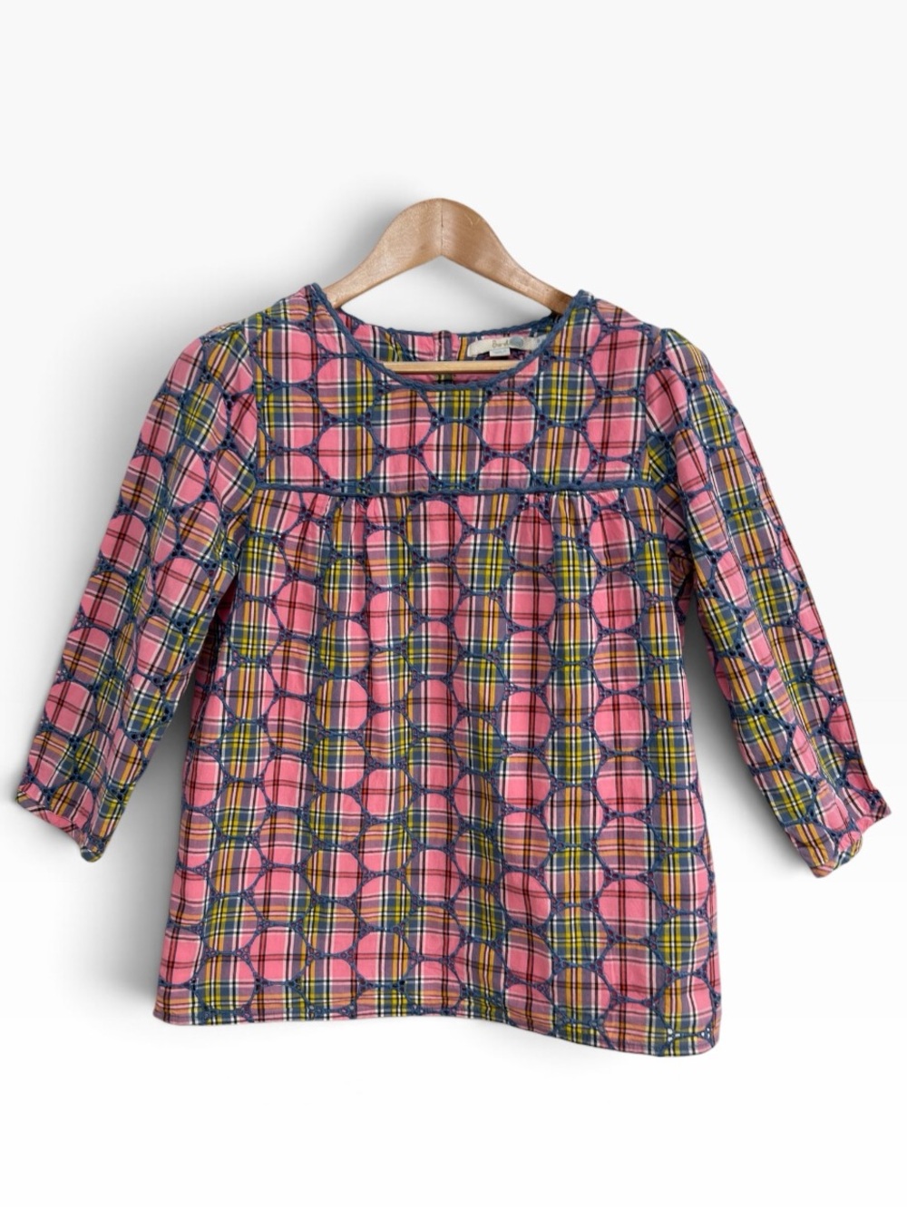 Boden Pink Plaid Embroidered Eyelet Blouse Long Sleeve Boho Top US Size 6